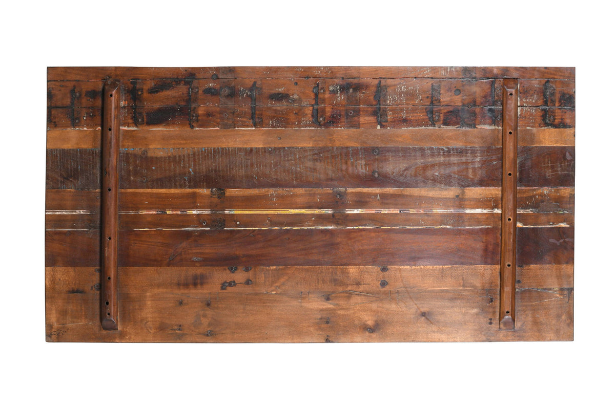 Reclaimed Indian Painted Teak Wood Trestle Table And Top, Supported By A Solid Blacksmith Made Heavyweight Trestle Pair