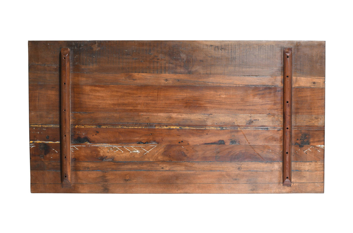 Reclaimed Indian Painted Teak Wood Trestle Table And Top, Supported By A Solid Blacksmith Made Heavyweight Trestle Pair