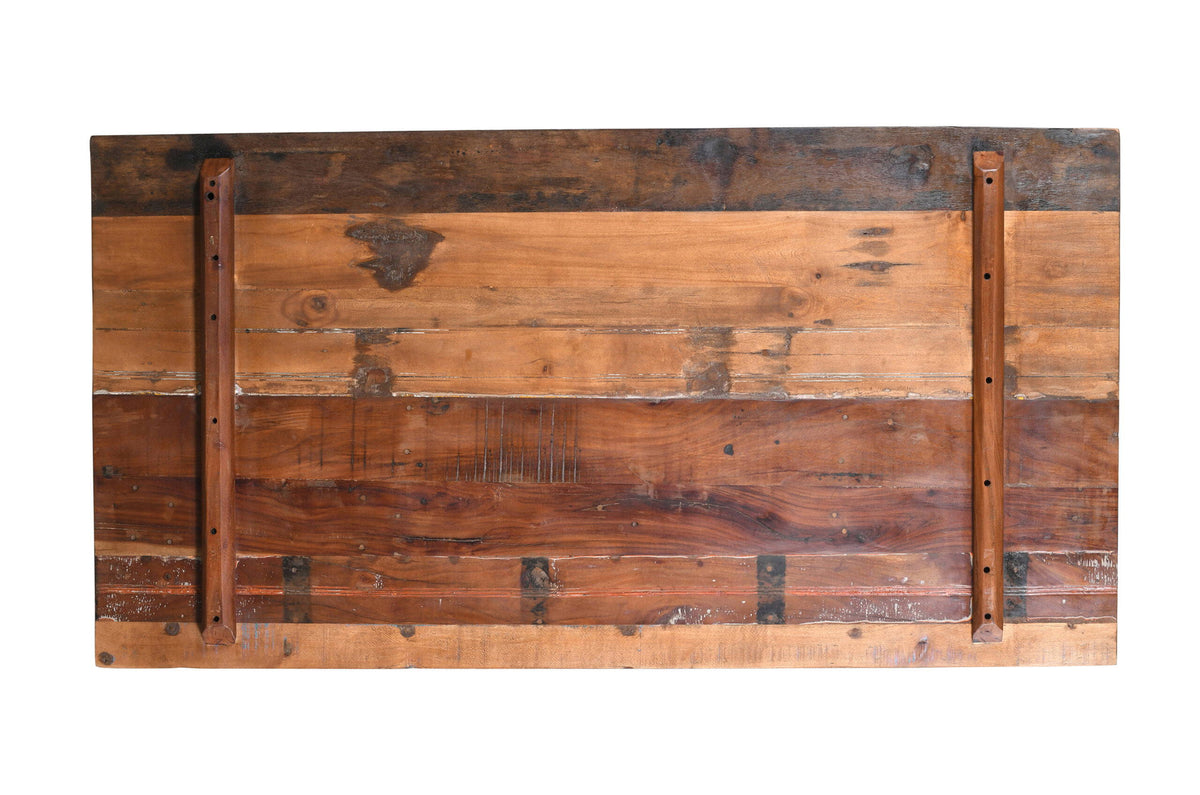 Reclaimed Indian Painted Teak Wood Trestle Table And Top, Supported By A Solid Blacksmith Made Heavyweight Trestle Pair