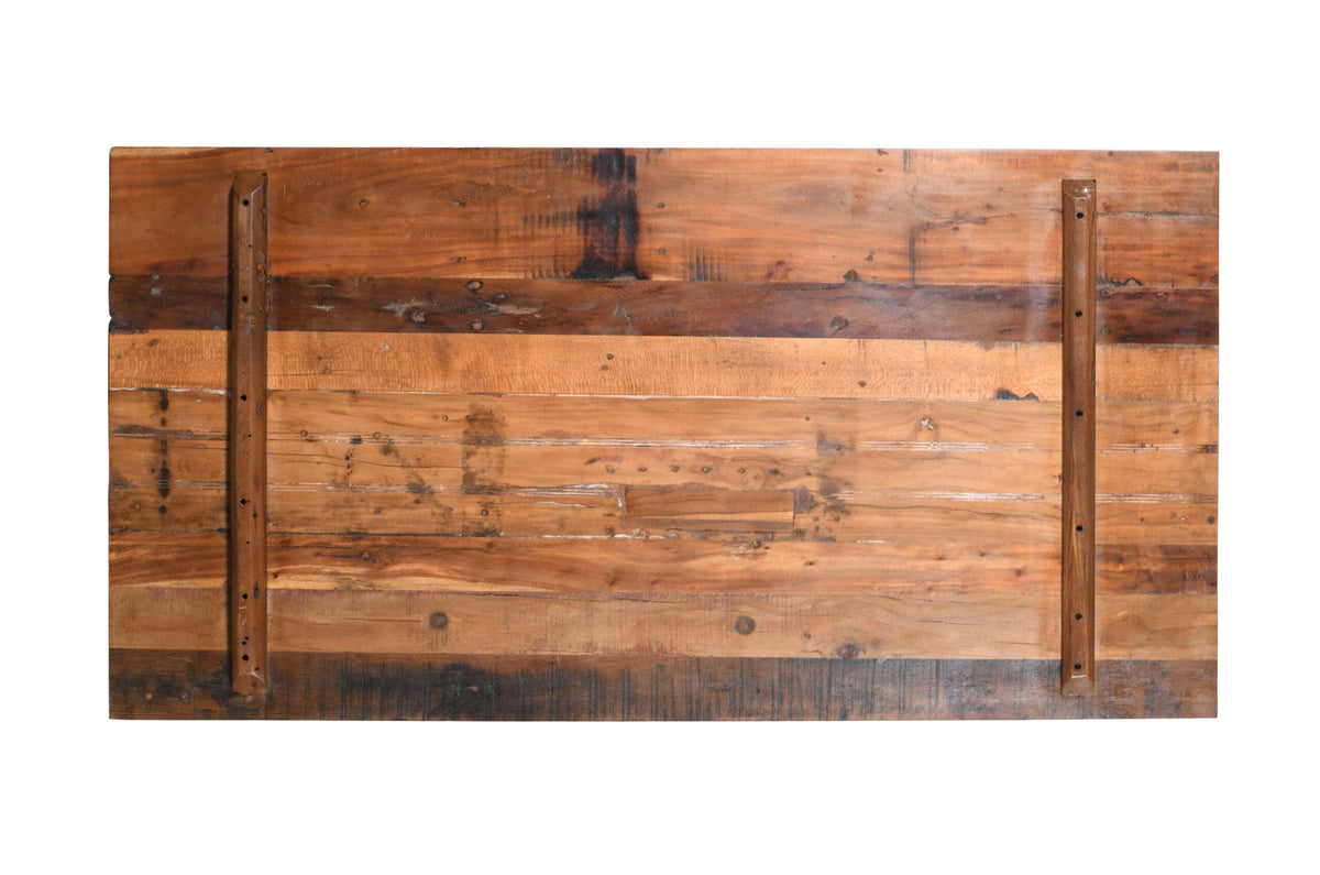 Reclaimed Indian Painted Teak Wood Trestle Table And Top, Supported By A Solid Blacksmith Made Heavyweight Trestle Pair