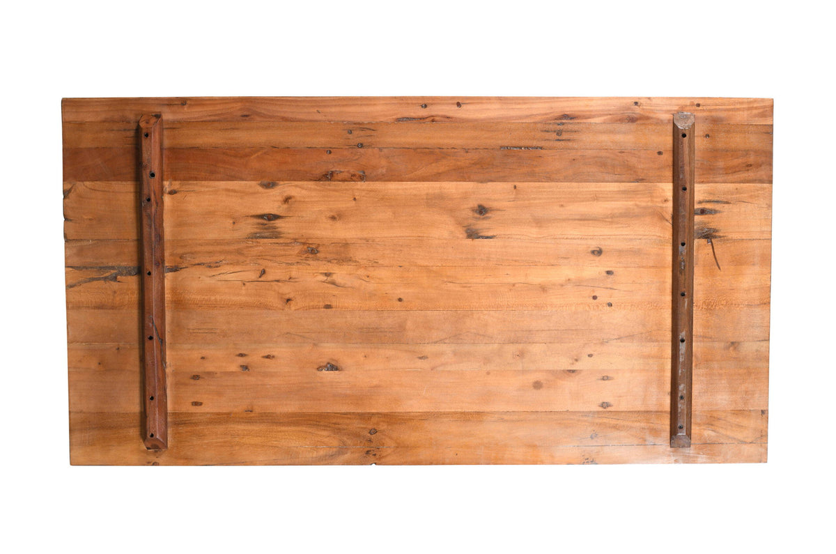 Reclaimed Indian Painted Teak Wood Trestle Table And Top, Supported By A Solid Blacksmith Made Heavyweight Trestle Pair