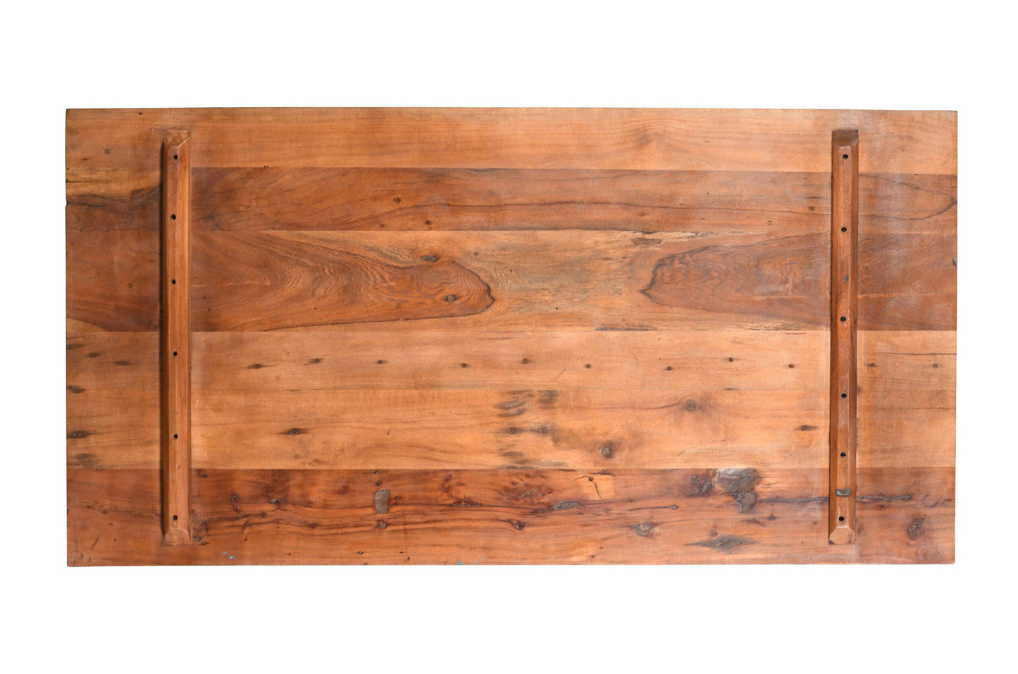 Reclaimed Indian Painted Teak Wood Trestle Table And Top, Supported By A Solid Blacksmith Made Heavyweight Trestle Pair
