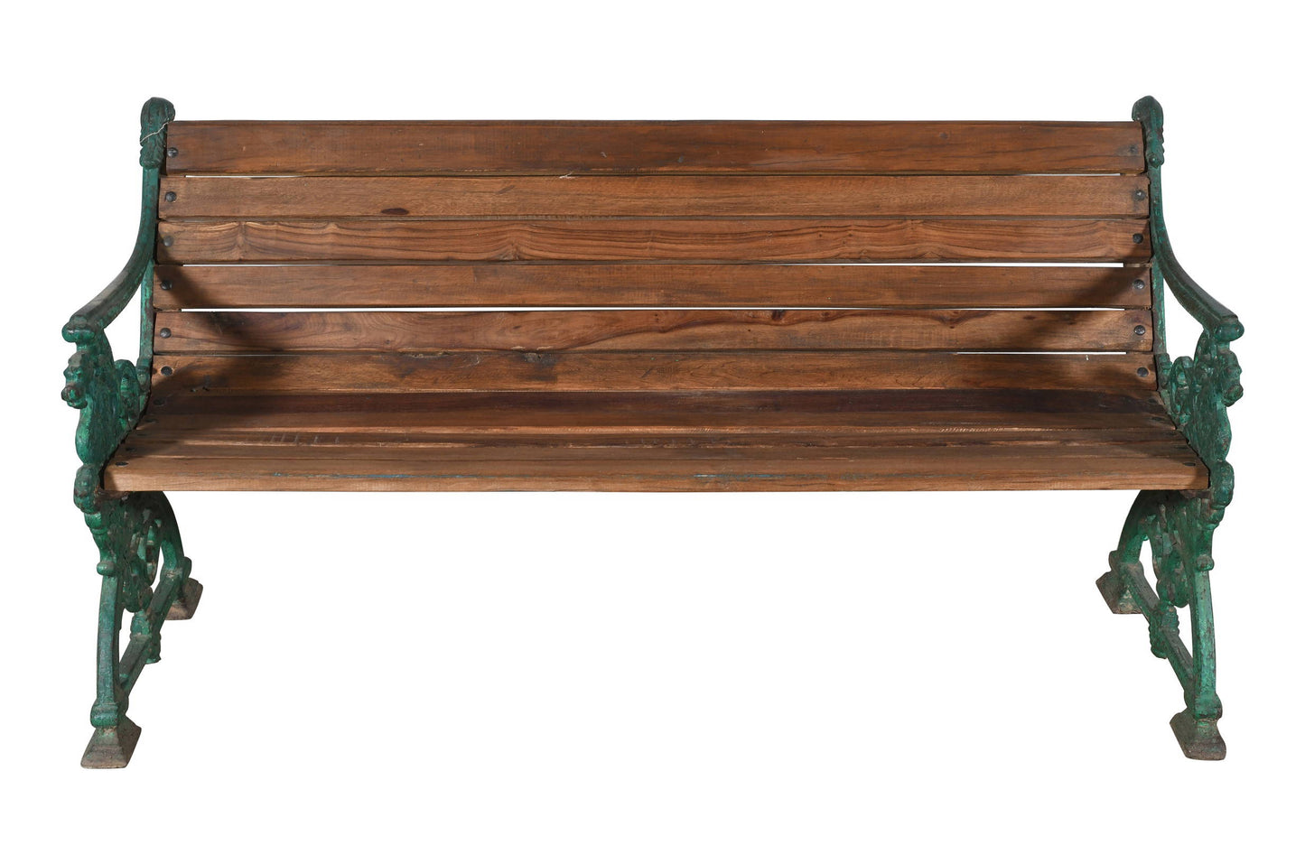 Matching Pair Of Antique Indian Cast Iron And Teak Wood Garden Benches In The Form Of A Dragon