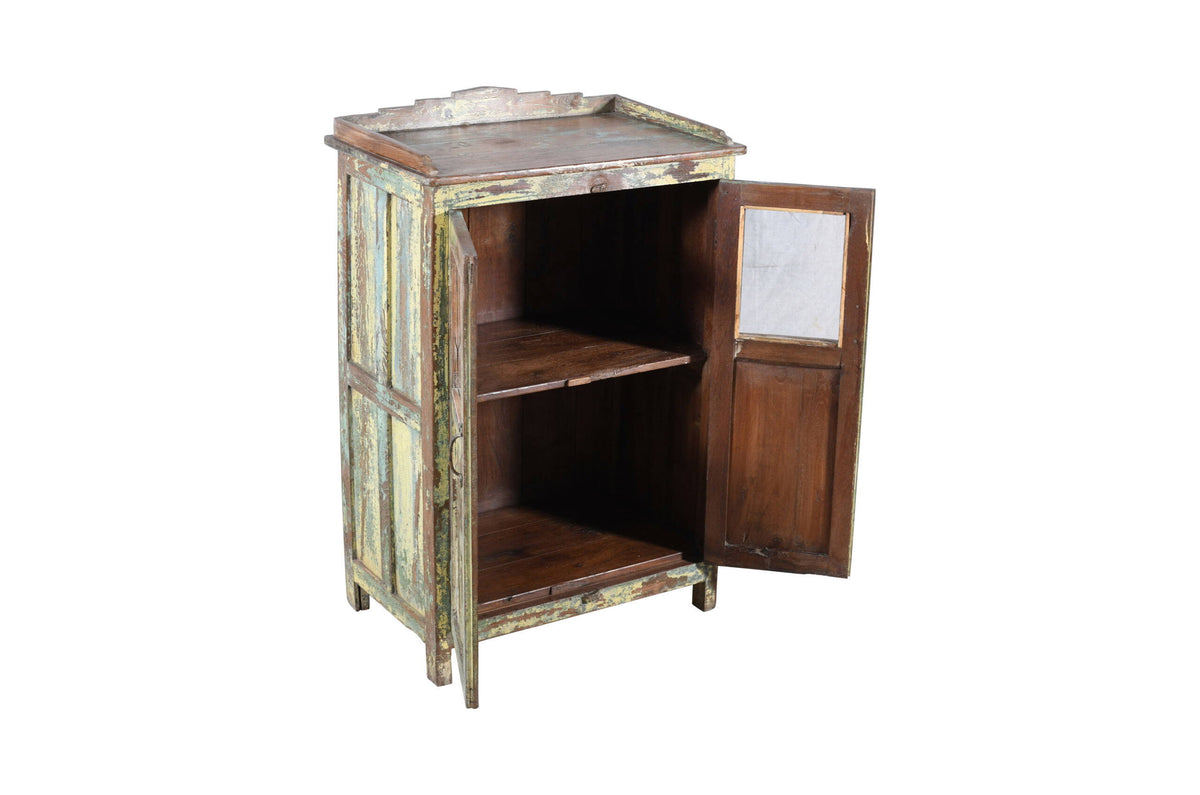 Antique Indian Painted Teak Wood Glass Almirah Display Kitchen Or Bathroom Cabinet