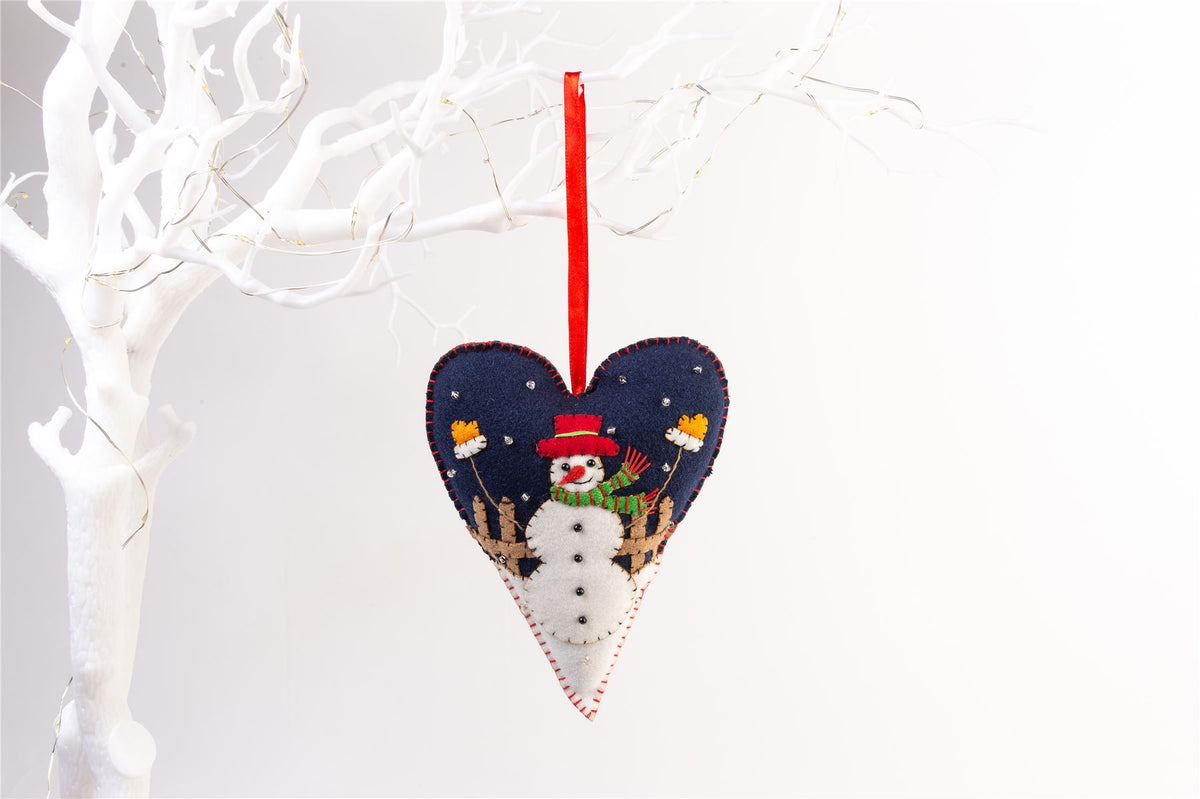Handmade Felt Snowman Heart Christmas Tree Hanging Decoration - 16 cm