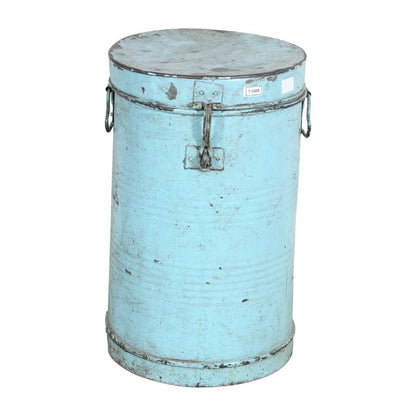Antique Turquoise Blue Indian Iron Rice Storage Container - Vintage Grain Cannister