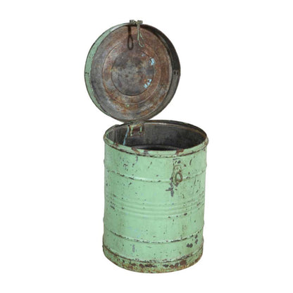 Antique Mint Green Indian Iron Rice Storage Container – Vintage Metal Cannister
