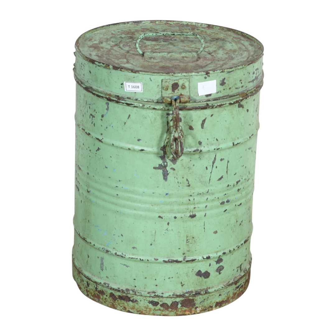 Antique Mint Green Indian Iron Rice Storage Container – Vintage Metal Cannister