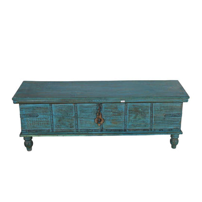 Antique Distressed Turquoise Blue Indian Quarter Teak Wood Surti Coffee Table Chest – c.1860