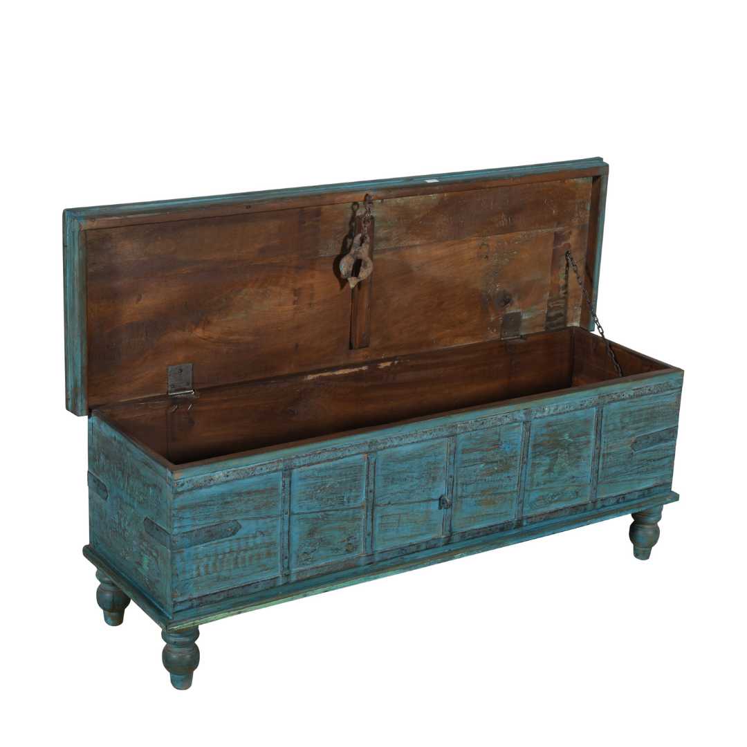 Antique Distressed Turquoise Blue Indian Quarter Teak Wood Surti Coffee Table Chest – c.1860