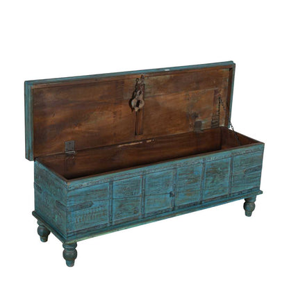 Antique Distressed Turquoise Blue Indian Quarter Teak Wood Surti Coffee Table Chest – c.1860