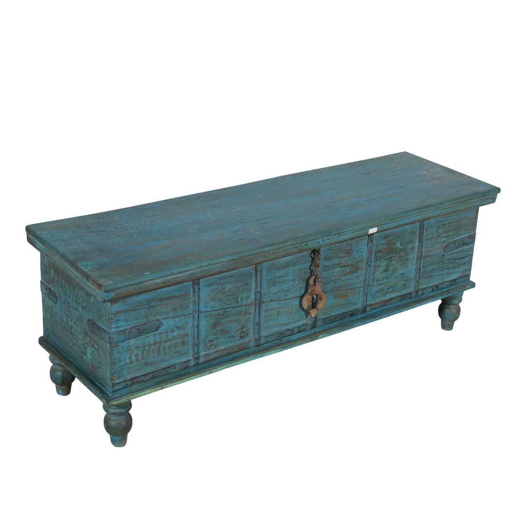 Antique Distressed Turquoise Blue Indian Quarter Teak Wood Surti Coffee Table Chest – c.1860