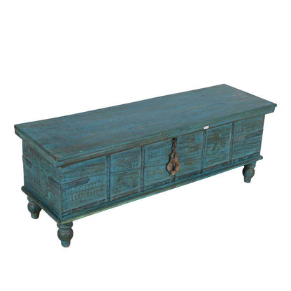 Antique Distressed Turquoise Blue Indian Quarter Teak Wood Surti Coffee Table Chest – c.1860