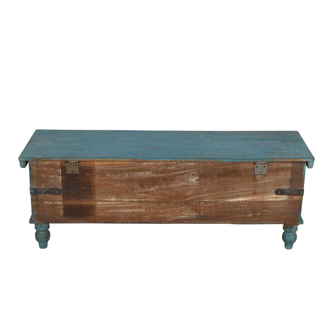 Antique Distressed Turquoise Blue Indian Quarter Teak Wood Surti Coffee Table Chest – c.1860