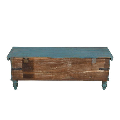 Antique Distressed Turquoise Blue Indian Quarter Teak Wood Surti Coffee Table Chest – c.1860