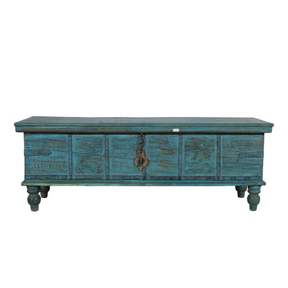 Antique Distressed Turquoise Blue Indian Quarter Teak Wood Surti Coffee Table Chest – c.1860