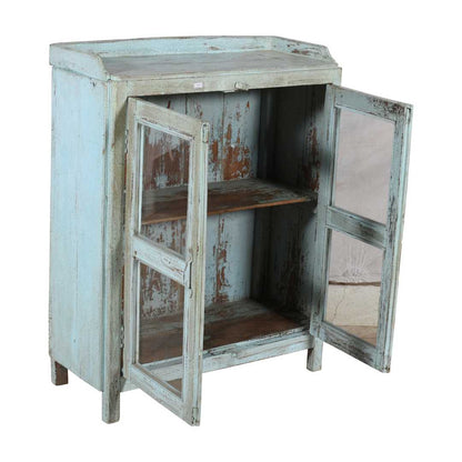 Antique Distressed Powder Blue Teak Glass Almirah – 1900s Indian Cabinet