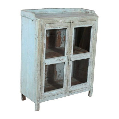 Antique Distressed Powder Blue Teak Glass Almirah – 1900s Indian Cabinet