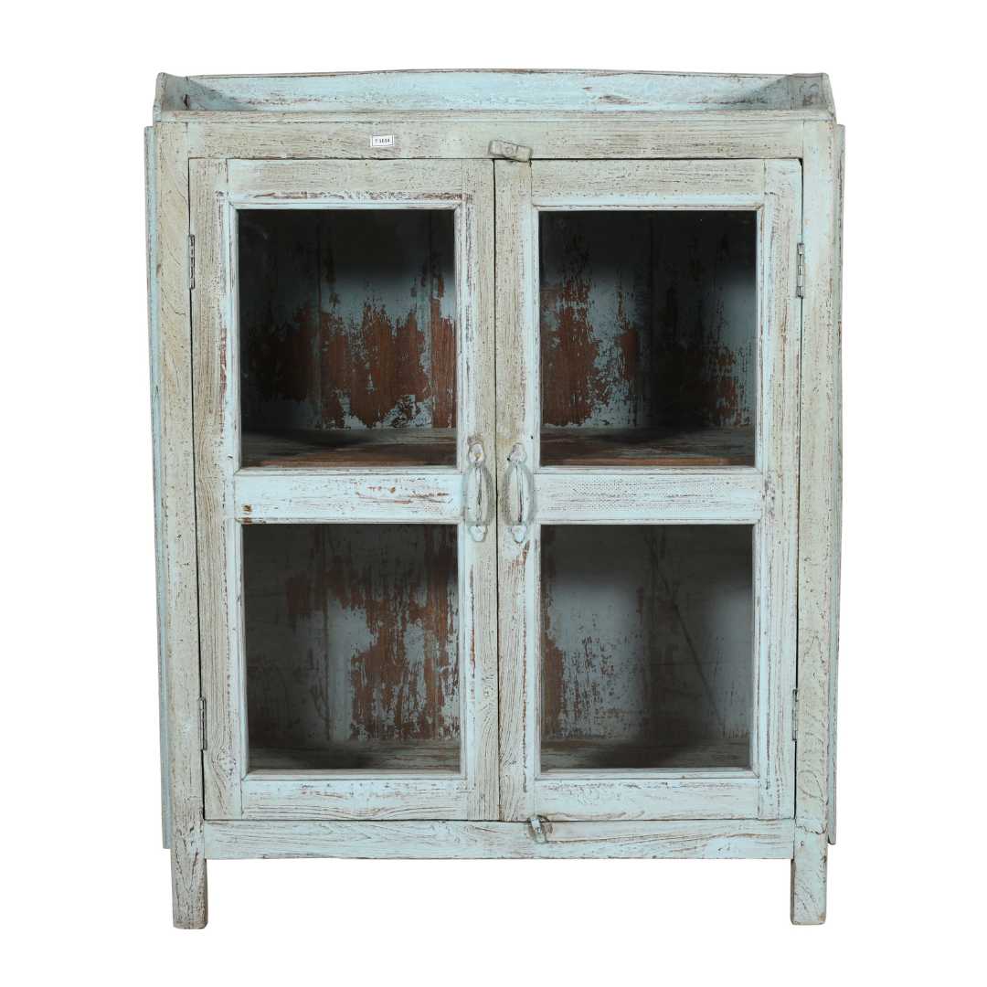 Antique Distressed Powder Blue Teak Glass Almirah – 1900s Indian Cabinet
