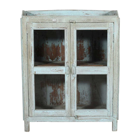 Antique Distressed Powder Blue Teak Glass Almirah – 1900s Indian Cabinet