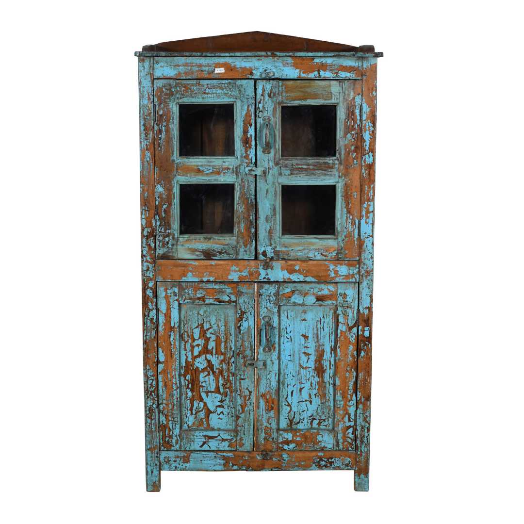 Antique Distressed Turquoise Teak Glass Almirah – Indian Cabinet c.1900