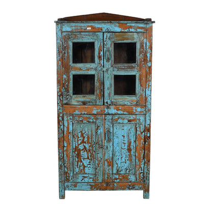Antique Distressed Turquoise Teak Glass Almirah – Indian Cabinet c.1900