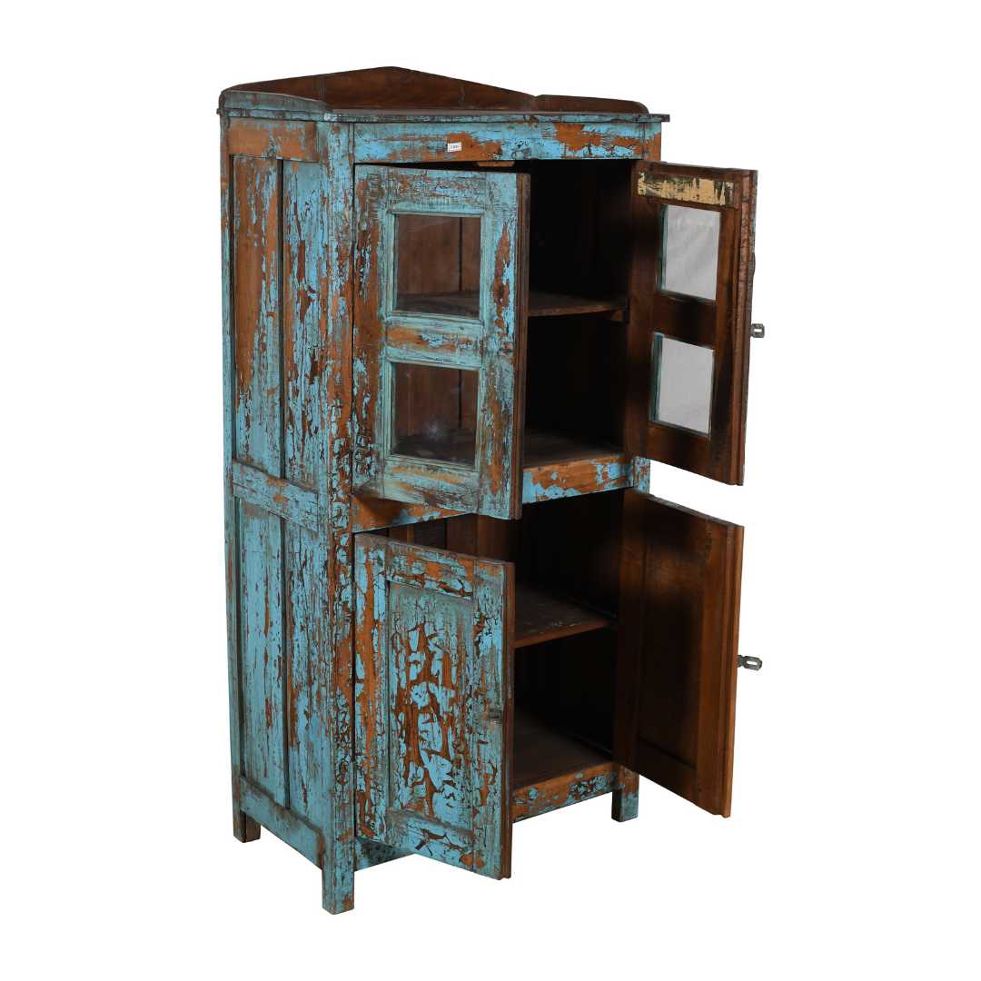 Antique Distressed Turquoise Teak Glass Almirah – Indian Cabinet c.1900