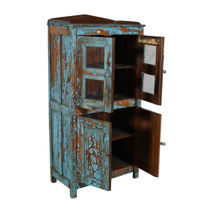 Antique Distressed Turquoise Teak Glass Almirah – Indian Cabinet c.1900