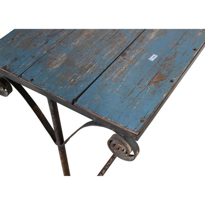 Antique Distressed Blue & Rustic Iron Indian Teak Wood Side Table – c.1880
