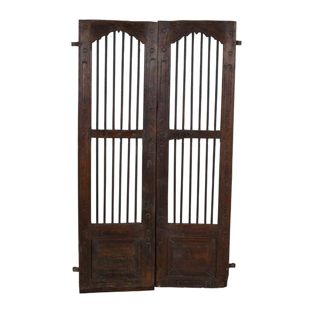 Antique Dark Walnut Brown Indian Teak Jali Door Garden Gate Pair – Gujarat, 19th Century