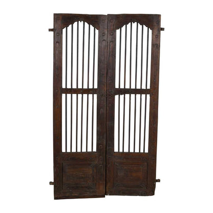 Antique Dark Walnut Brown Indian Teak Jali Door Garden Gate Pair – Gujarat, 19th Century