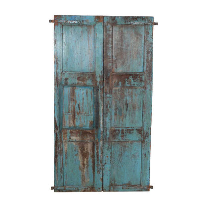 Antique Teal Blue & Sunburst Ochre Indian Painted Teak Wood Pair of Doors – 1880s Gujarat