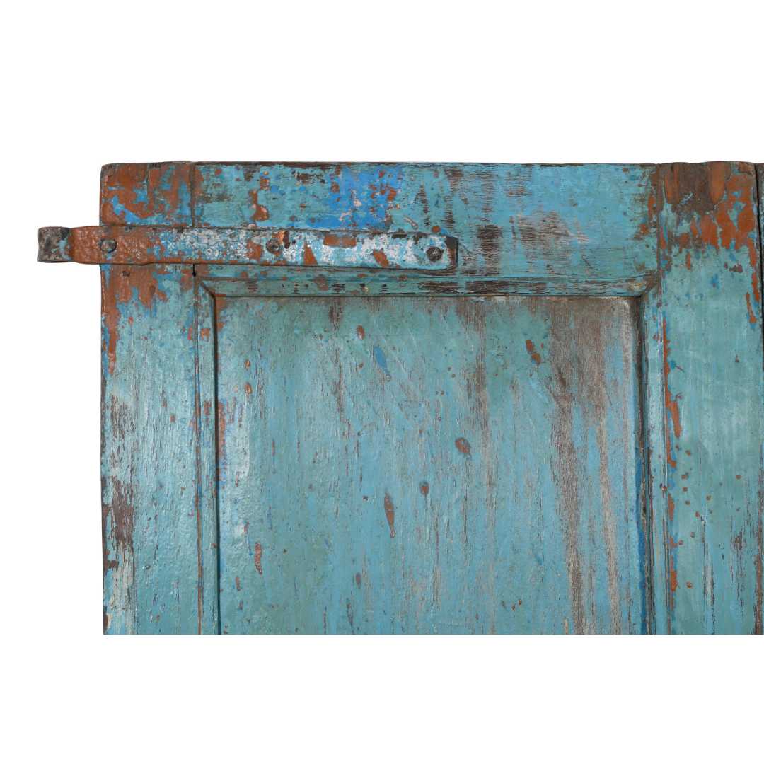 Antique Teal Blue & Sunburst Ochre Indian Painted Teak Wood Pair of Doors – 1880s Gujarat