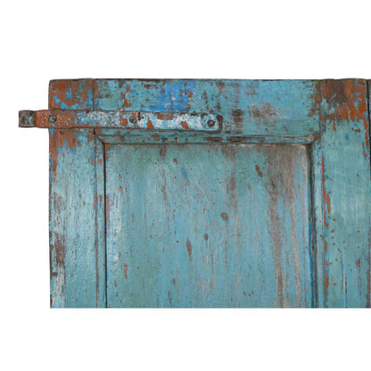 Antique Teal Blue & Sunburst Ochre Indian Painted Teak Wood Pair of Doors – 1880s Gujarat