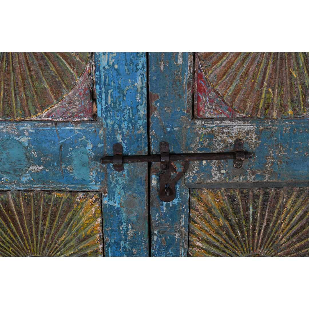 Antique Teal Blue & Sunburst Ochre Indian Painted Teak Wood Pair of Doors – 1880s Gujarat