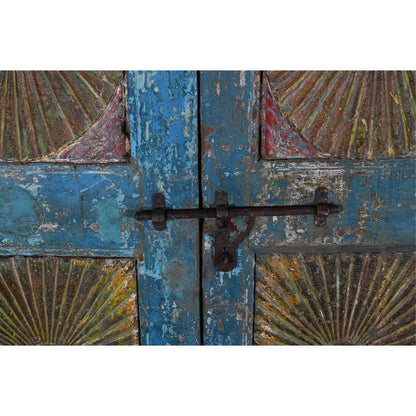Antique Teal Blue & Sunburst Ochre Indian Painted Teak Wood Pair of Doors – 1880s Gujarat