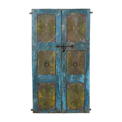 Antique Teal Blue & Sunburst Ochre Indian Painted Teak Wood Pair of Doors – 1880s Gujarat