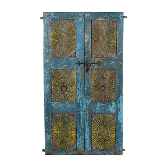 Antique Teal Blue & Sunburst Ochre Indian Painted Teak Wood Pair of Doors – 1880s Gujarat