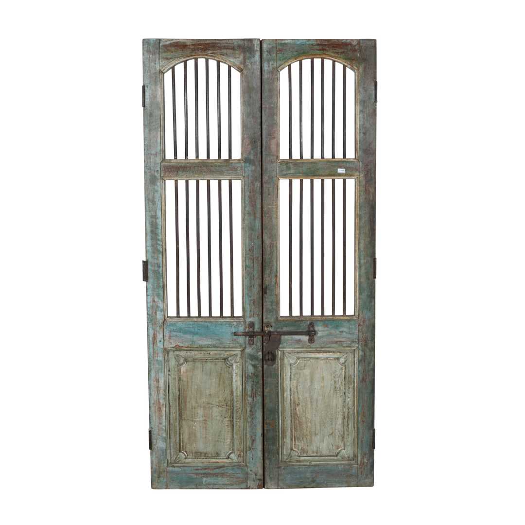 Antique Verdigris & Teal Patina Indian Teak Jali Door Garden Gate Pair – Gujarat, 19th Century