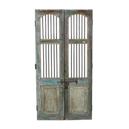Antique Verdigris & Teal Patina Indian Teak Jali Door Garden Gate Pair – Gujarat, 19th Century