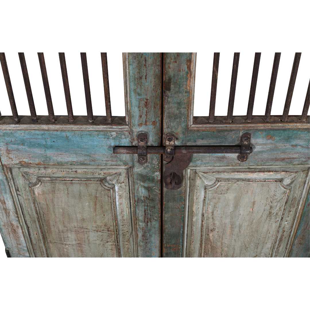 Antique Verdigris & Teal Patina Indian Teak Jali Door Garden Gate Pair – Gujarat, 19th Century