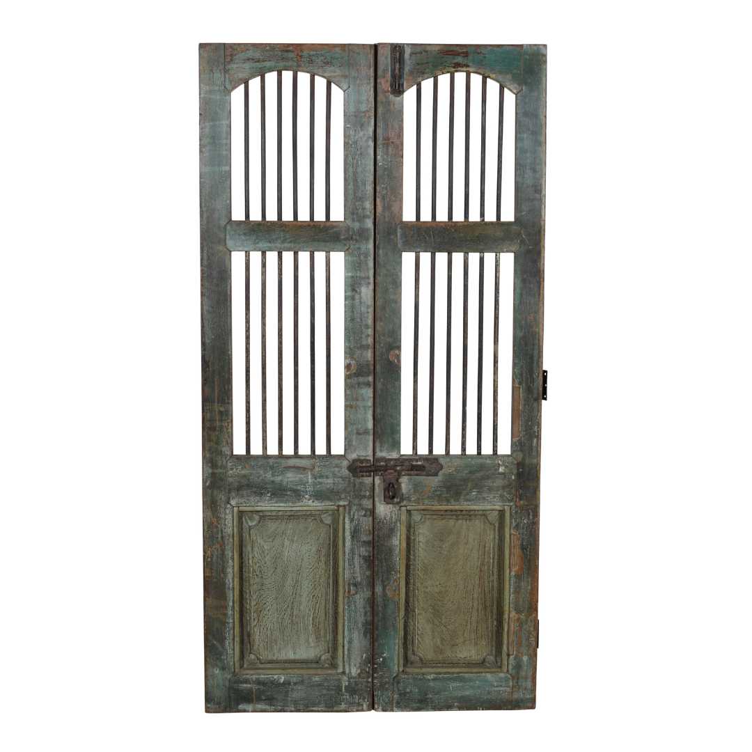 Antique Verdigris & Teal Patina Indian Teak Jali Door Garden Gate Pair – Gujarat, 19th Century