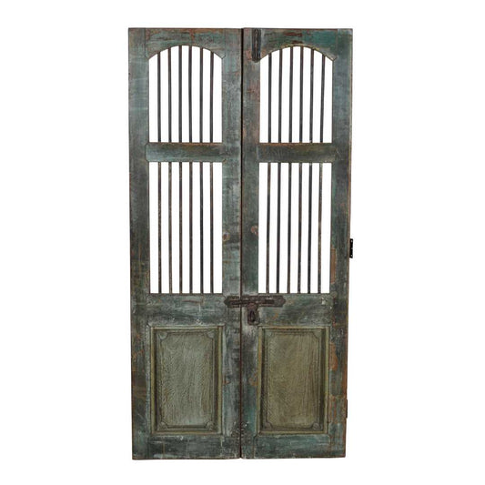 Antique Verdigris & Teal Patina Indian Teak Jali Door Garden Gate Pair – Gujarat, 19th Century