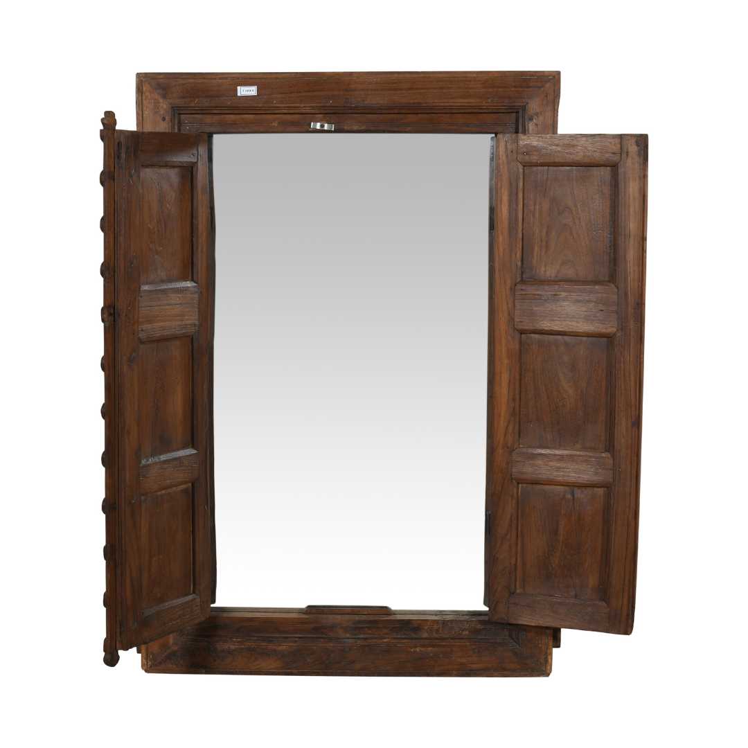 Antique Walnut Brown Indian Teak Wood Shutter Mirror – 19th Century Rajasthan