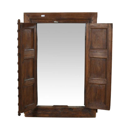 Antique Walnut Brown Indian Teak Wood Shutter Mirror – 19th Century Rajasthan