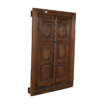 Antique Walnut Brown Indian Teak Wood Shutter Mirror – 19th Century Rajasthan