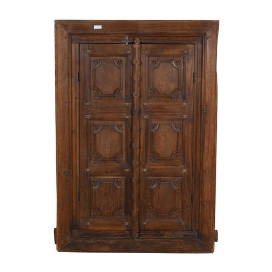 Antique Walnut Brown Indian Teak Wood Shutter Mirror – 19th Century Rajasthan