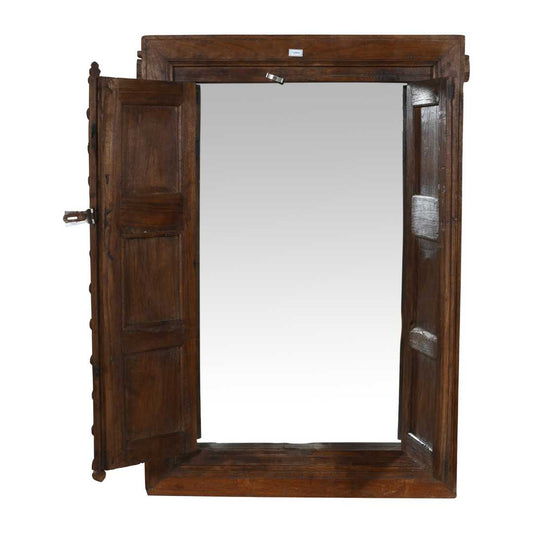 Antique Dark Walnut Brown Indian Teak Wood Shutter Mirror – 19th Century Rajasthan