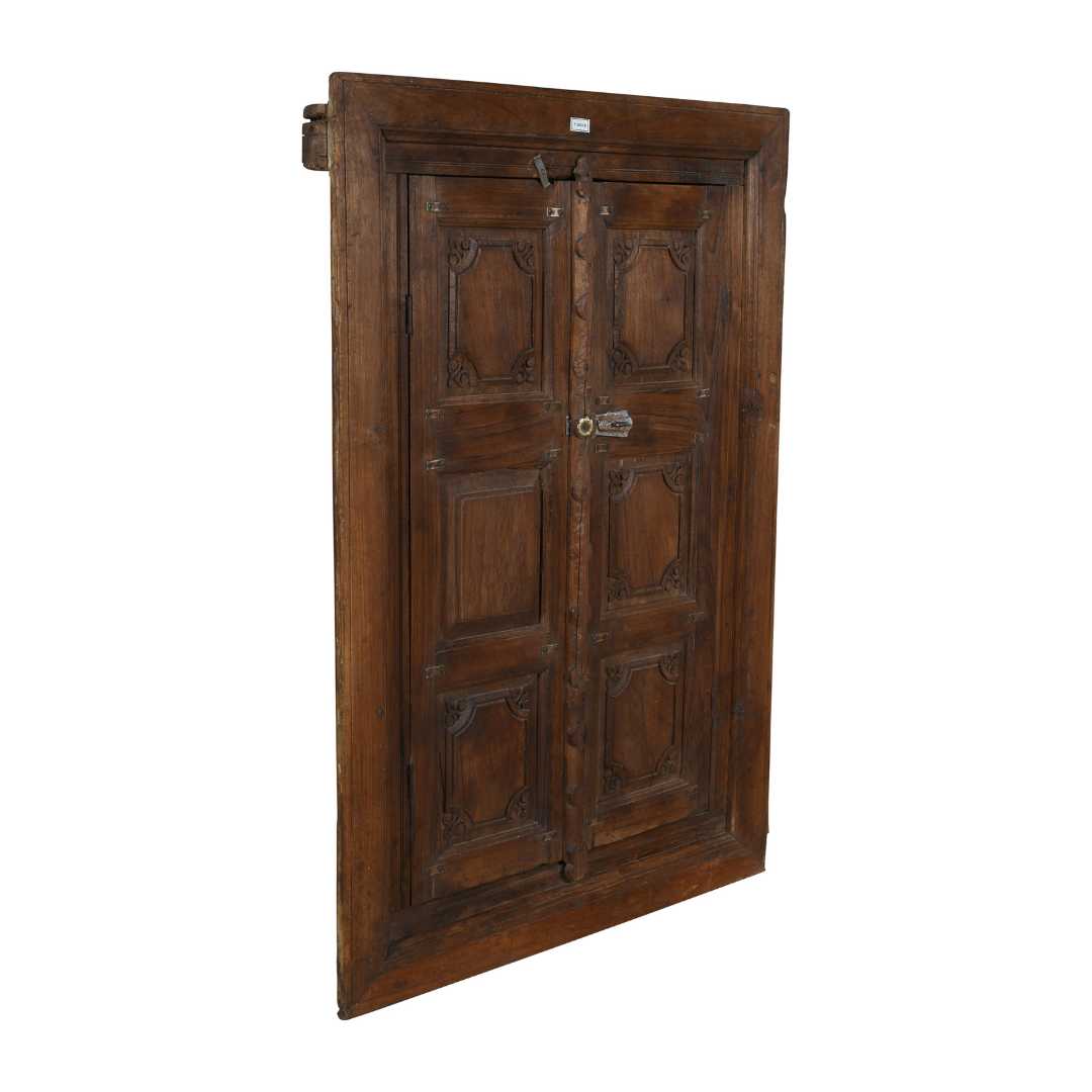 Antique Dark Walnut Brown Indian Teak Wood Shutter Mirror – 19th Century Rajasthan