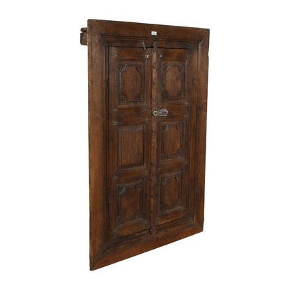 Antique Dark Walnut Brown Indian Teak Wood Shutter Mirror – 19th Century Rajasthan